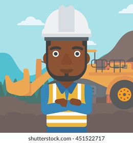 An african-american confident coal miner. A miner standing in front of a big mining equipment on the background of coal mine. Vector flat design illustration. Square layout.