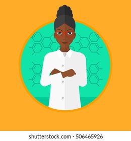 An african-american confident laboratory assistant standing with hands crossed on a blue background with molecular structure. Vector flat design illustration in the circle isolated on background.