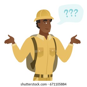 African-american confused traveler with spread arms. Young confused traveler with question marks. Confused traveler shrugging shoulders. Vector flat design illustration isolated on white background.