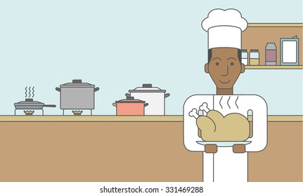 An african-american cook with a hot chicken on kitchen background. Vector line design illustration. Lifestyle concept. Horizontal layout with a text space for a social media post.