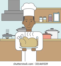 An african-american cook with a hot chicken on kitchen background. Vector line design illustration. Lifestyle concept. Square layout.