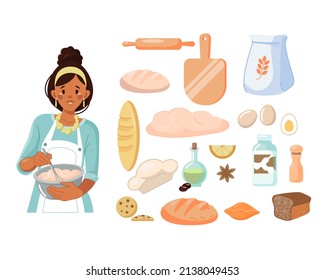 An African-American cook kneads the dough for baking. Girl, baking and cooking items. Cutting board, rolling pin, bread, dough. Vector illustration