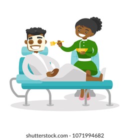 African-american cosmetologist applying cosmetic mask on the face of a client in beauty salon. Man during cosmetology procedure. Vector cartoon illustration isolated on white background. Square layout
