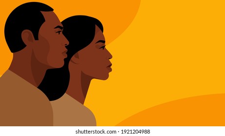 African-American Couple. Black Man And Woman Are Standing Side By Side And Look Ahead. Portraits Of People, Side View, Head And Shoulders. Modern Vector Illustration For Banner, Cover, Print, Blogs. 