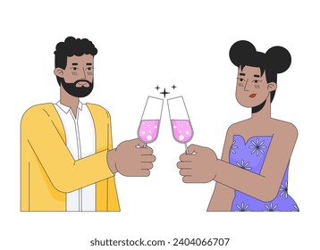 African-american couple clinking glasses 2D linear cartoon characters. Smitten girlfriend boyfriend isolated line vector people white background. Congratulations champagne color flat spot illustration