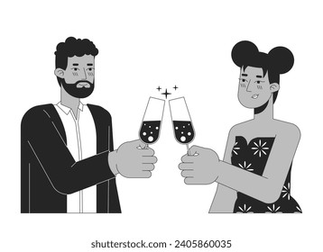 African-american couple clinking glasses black and white 2D line cartoon characters. Smitten girlfriend boyfriend isolated vector outline people. Congratulations monochromatic flat spot illustration