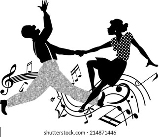 African-American couple dancing swing or rock and roll, black and white vector
