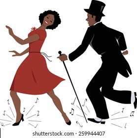 African-American couple dressed in retro style clothes dancing tap dance, music notes flying from under their feet, vector illustration, EPS 8