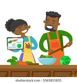 African-american couple following a vegetable meal recipe on tablet and cooking meal together. Couple looking for a recipe in a digital tablet. Vector cartoon illustration isolated on white background