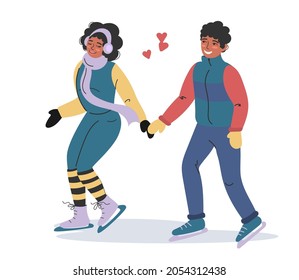 An African-American couple in love is skating in winter clothes. Happy people do sports in the fresh air. Stylish flat illustration for Christmas or winter design.