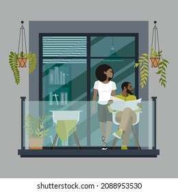 An African-American couple is on the balcony against the backdrop of a large glass doorway. Modern glass balcony with green plants in pots. Cartoon flat vector illustration.