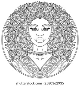 African-American curly-haired woman.Coloring book antistress for children and adults. Illustration isolated on white background.Zen-tangle style. Hand draw