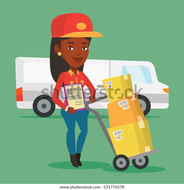 An african-american delivery courier with\
cardboard boxes on troley. Young delivery courier holding\
clipboard. Courier standing in front of delivery van. Vector flat\
design illustration. Square\
layout