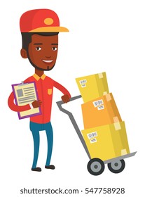 African-american delivery courier with clipboard. Delivery courier pushing cardboard boxes on trolley. Friendly worker of delivery service. Vector flat design illustration isolated on white background