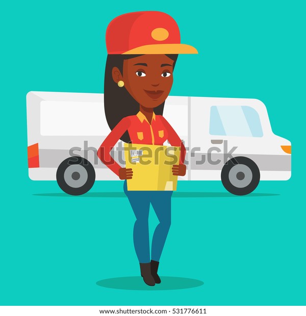 An african-american delivery courier holding box
on the background of truck. Delivery courier carrying cardboard
box. Delivery courier with box in hands. Vector flat design
illustration. Square layout