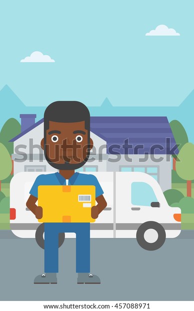 An african-american delivery man with box on\
background of delivery truck. Delivery man carrying cardboard box.\
Man with a box in his hands. Vector flat design illustration.\
Vertical layout.