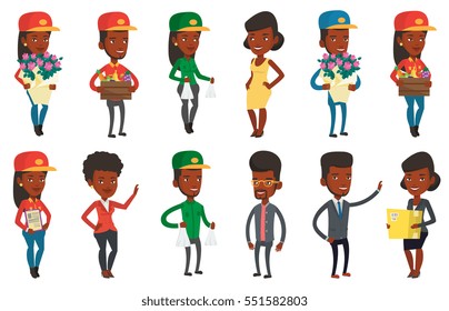 African-american delivery man delivering flowers. Delivery man with bouquet of flowers. Delivery man holding bouquet of flowers. Set of vector flat design illustrations isolated on white background.