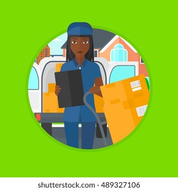 An african-american delivery woman with cardboard boxes on troley. Delivery woman standing in front of delivery van. Vector flat design illustration in the circle isolated on background.