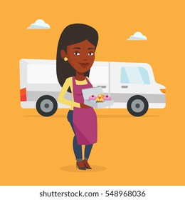 African-american delivery woman holding a box of cakes. Baker delivering cakes. Young woman with cupcakes standing on the background of delivery truck. Vector flat design illustration. Square layout.