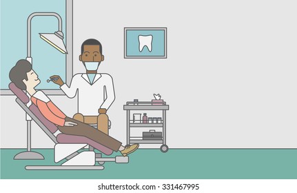 An african-american dentist man examines a patient teeth in the clinic. Vector line design illustration. Horizontal layout with a text space for a social media post.