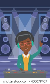 An african-american DJ in eadphones with hand up playing music on turntable on the background of night club vector flat design illustration. Vertical layout.