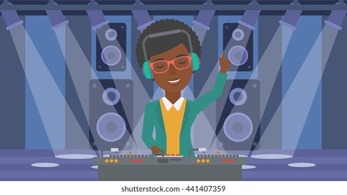 An african-american DJ in eadphones with hand up playing music on turntable on the background of night club vector flat design illustration. Horizontal layout.