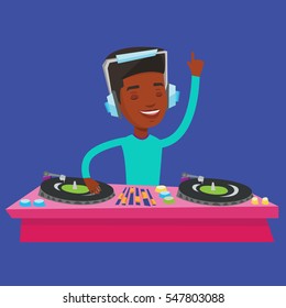 An african-american DJ in headphones at the party in night club. Young male DJ mixing music on turntables. Happy DJ playing and mixing music on deck. Vector flat design illustration. Square layout.