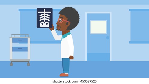An african-american doctor with the beard looking at a skeleton radiograph in the medical office. Vector flat design illustration. Horizontal layout.