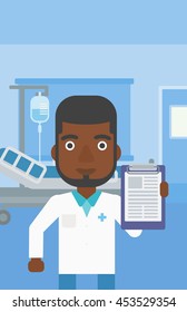 An african-american doctor with the beard showing clipboard with prescription while standing on the background of hospital room. Vector flat design illustration. Vertical layout.