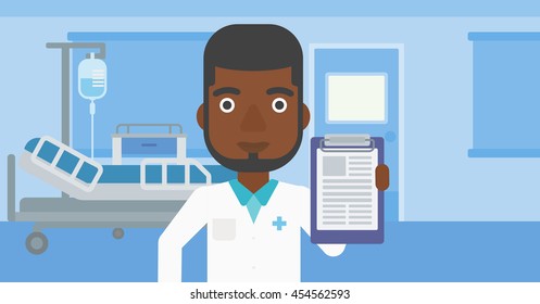 An african-american doctor with the beard showing clipboard with prescription while standing on the background of hospital room. Vector flat design illustration. Horizontal layout.