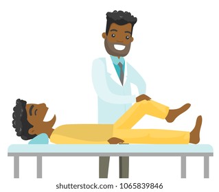 African-american doctor checking the ankle of a patient. Physio doctor giving a leg massage to a patient. Medicine and physiotherapy concept. Vector cartoon illustration isolated on white background.