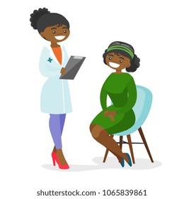 African-american doctor consulting a patient in the clinic. Doctor talking to happy female patient about her state of health. Vector cartoon illustration isolated on white background. Square layout.