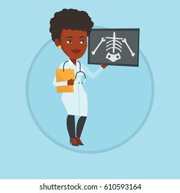 African-american doctor examining a radiograph. Young doctor looking at a chest radiograph. Doctor observing a skeleton radiograph. Vector flat design illustration in the circle isolated on background