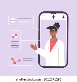 African-american doctor gives online diagnosis. Pharmacist in Online Drugstore. An app with medical consultation. Online medication prescription. Vector illustration.