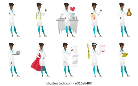 African-american doctor holding clipboard and giving thumb up. Full length of doctor with clipboard. Doctor showing clipboard. Set of vector flat design illustrations isolated on white background.
