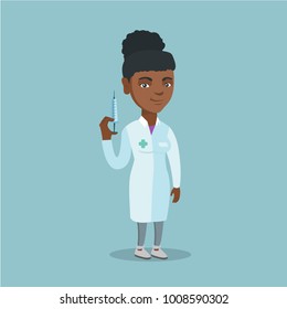 African-american doctor holding a medical injection syringe. Full length of young doctor standing with a syringe ready for injection. Vector cartoon illustration. Square layout.