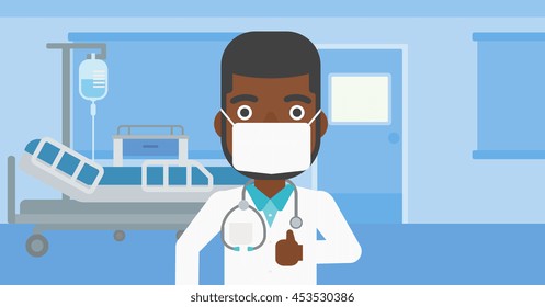 An african-american doctor in mask giving thumbs up while standing on the background of hospital room. Vector flat design illustration. Horizontal layout.