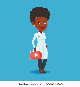 African-american doctor in medical gown holding first aid box. Friendly doctor in uniform standing with first aid kit. Doctor carrying first aid box. Vector flat design illustration. Square layout.