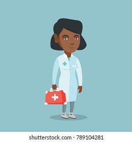 African-american doctor in medical gown holding a first aid box. Full length of young doctor standing with a first aid kit. Vector cartoon illustration. Square layout.