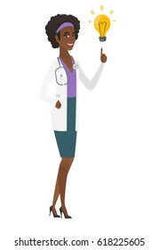 African-american doctor pointing at bright idea light bulb. Full length of doctor having a creative idea. Doctor came up with a great idea. Vector flat design illustration isolated on white background