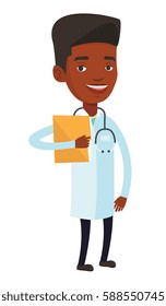 African-american doctor with stethoscope and folder. Doctor carrying folder of patient. Doctor holding folder with medical information. Vector flat design illustration isolated on white background.