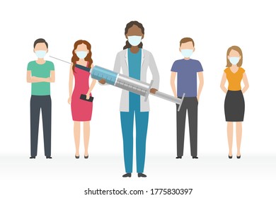 African-American doctor with syringe protect people from diseases. Vector illustration.