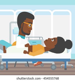 An african-american doctor touching abdomen of female patient. Woman on reception at doctor. Vector flat design illustration. Square layout.