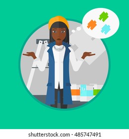 An african-american doubtful woman choosing color for walls in apartment. Young woman with spread arms choosing a color of paint. Vector flat design illustration in the circle isolated on background.