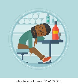 An african-american drunk bar customer deeply sleeping in bar. Bar customer asleep on the table. Alcohol addiction concept. Vector flat design illustration in the circle isolated on background.