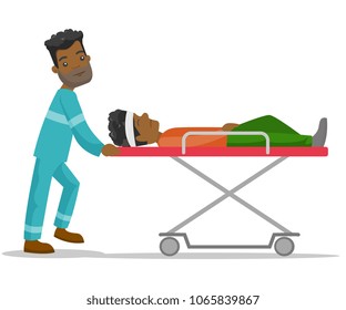 African-american emergency doctor transporting victim after accident on the stretcher. Paramedic carrying an injured man on medical stretcher. Vector cartoon illustration isolated on white background.