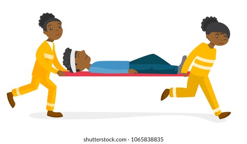 African-american emergency doctors transporting victim after accident on the stretcher. Team of paramedics carrying an injured man on medical stretcher. Vector cartoon illustration. Horizontal layout.