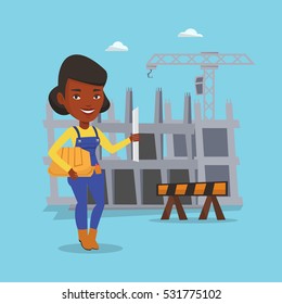 African-american engineer with a blueprint at construction site. Engineer holding hard hat and twisted blueprint. Engineer checking construction works. Vector flat design illustration. Square layout.