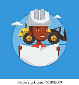 African-american engineer in hard hat holding a blueprint on the background of excavator. Engineer in helmet watching a blueprint. Vector flat design illustration in the circle isolated on background.