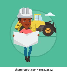 African-american engineer in hard hat holding a blueprint on the background of excavator. Engineer in helmet watching a blueprint. Vector flat design illustration in the circle isolated on background.